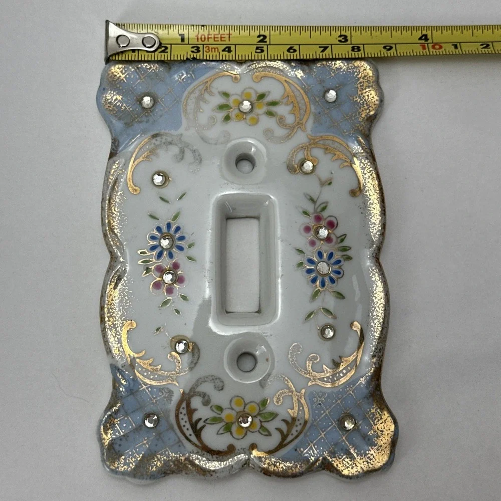 Vintage Lefton's Floral Rhinestones Porcelain Light Switch Plate Cover Blue 2685